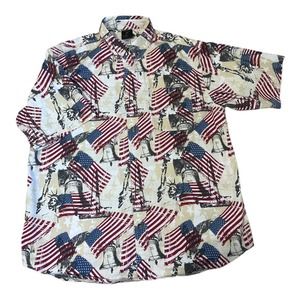 King University Patriotic Flag Print Short Sleeve Cotton Button Down Size L